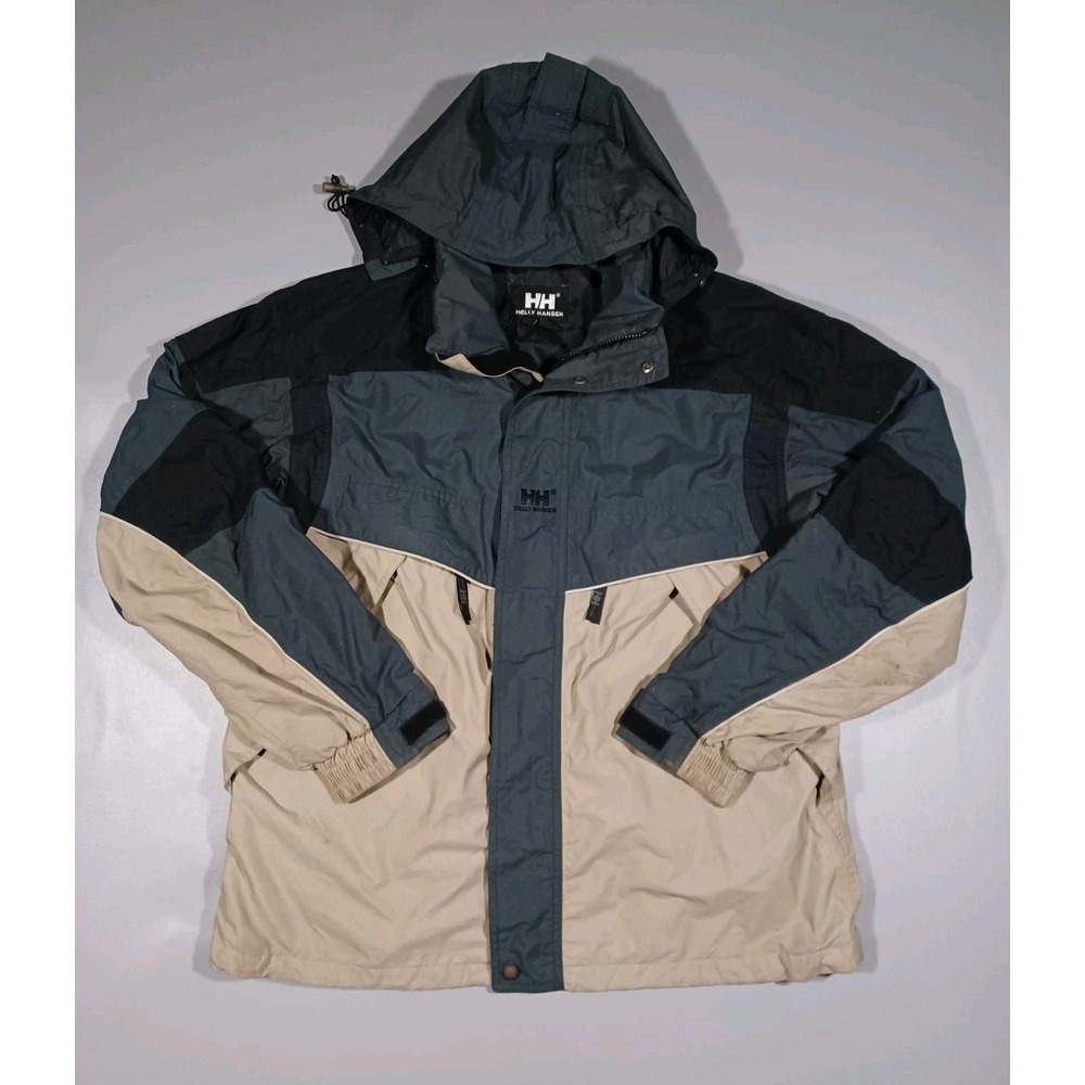 Helly Hansen Jacket Mens L Tan Gray Black Full Zip Mesh Lined Helly Tech